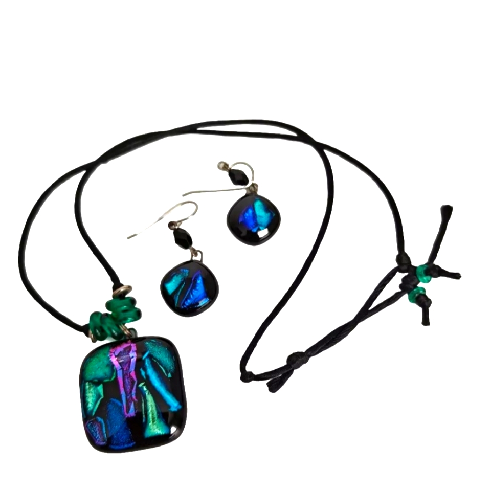 Fused Dichroic Art Glass Necklace & Earrings Set